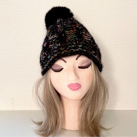 Faux Frenzi Accessories - Frenzi Ladies Black & Pastel Knit Hat, Quality Faux Fur Oversized Black Pom Pom